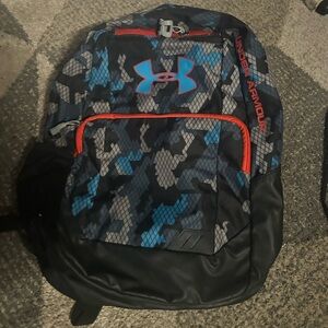 Under Armour blue and red camo backpack.